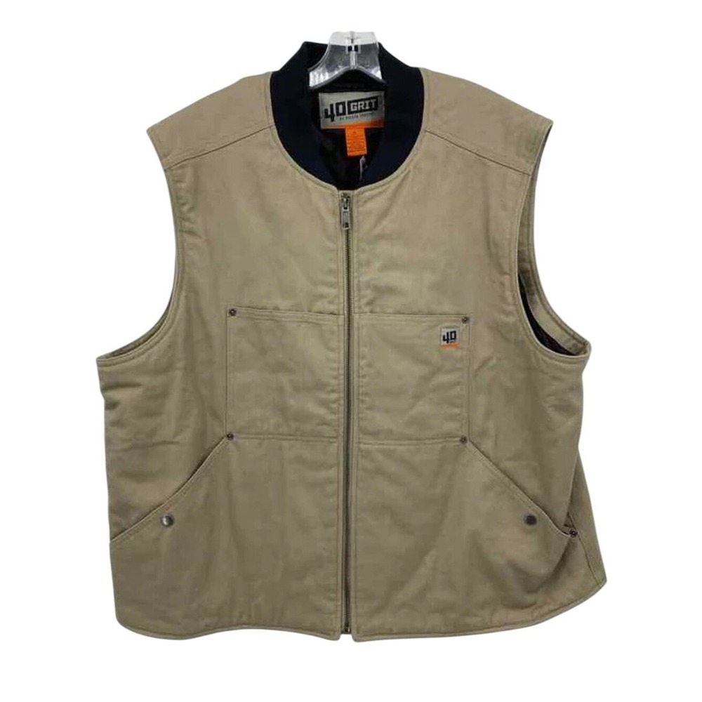 Duluth Trading 40 Grit XL Tan Work Utility Canvas Fill Vest Black Collar Quilted